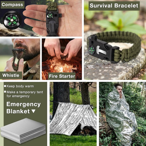 19 Piece Survival Kit For Outdoors Lovers Dope Fishing And Hunting Gadgets Included showing compass, whistle, and emergency blanket in use