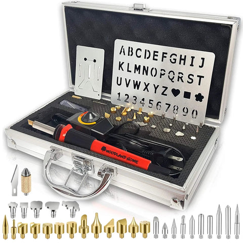Pro Grade Wood Burning Kit With Letters For Pyrography Adjustable Temperature Pen Safety Stand 27 Tips With Cutting Blade Stencils And Deluxe Case For Easy DIY Wood Art in open case
