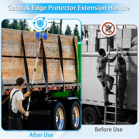 Rugged Edge Protector Handle Pole With Sponge Grip showing use on flatbed cargo, V Shaped Corner Guards visible, adjustable length.