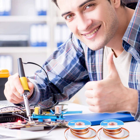 Person soldering with No Clean Solder Wick 2 Pack Braided Copper Desoldering Wicks for DIY Electronics visible on table