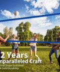 Volleyball Net Outdoor Pro Heavy Duty All Weather With Extended Stainless Steel Cable in use during an outdoor game.