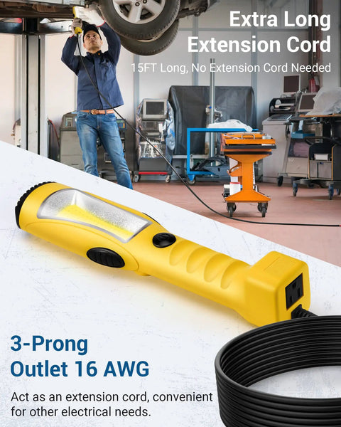 Workhorse Handheld LED Work Light With 15 Ft Cord 1200 Lumen Brightness Underhood Ready Magnet Mount And Swivel Hook Corded Trouble Light with yellow handle and cable in garage setting