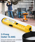 Mechanic using Beastly Bright 25ft COB LED Work Light With 1200LM Output under a car with visible extension cord and 3-prong outlet.
