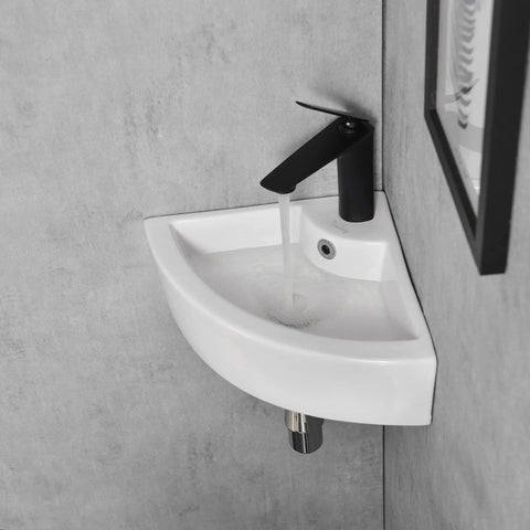 Space Saver Corner Bathroom Sink 18 By 13 Ceramic Vessel with Wall Mount Pop Up Drain Installation Kit, white compact design in use