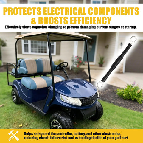Heavy Duty 620430 Pre Charge Resistor Assembly 500 Ohm Fits 48V Electric Golf Cart Solenoid, shown with blue golf cart, boosts efficiency.
