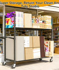 No Sweat Heavy Duty Metal Rolling Cart For Cardboard Box Storage Two Tier Wire Packing Station with boxes in a studio.
