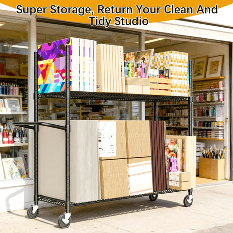 No Sweat Heavy Duty Metal Rolling Cart For Cardboard Box Storage Two Tier Wire Packing Station with boxes in a studio.