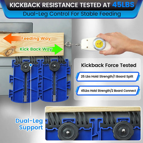 Shop Floor Safe Dual Leg Featherboard For Table Saws And Router Tables Anti Kickback Accessory With Flexible Arms Keep Material Locked Tight And Nail Perfect Cuts Every Single Time In Blue Two Pack with dual-leg support tested for 45lbs kickback.
