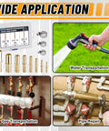 All In One Brass Hose Barb Fittings Kit With 48 Pieces And 96 Stainless Steel Hose Clamps For Air Fuel Water Oil Hoses, Sizes 1/8 to 3/4 Inch, showing various applications like water and gas transportation, pipe repair.