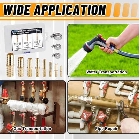 All In One Brass Hose Barb Fittings Kit With 48 Pieces And 96 Stainless Steel Hose Clamps For Air Fuel Water Oil Hoses, Sizes 1/8 to 3/4 Inch, showing various applications like water and gas transportation, pipe repair.