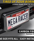Fresh Black Carbon Fiber License Plate Frames Two Pack Slim Heavy Duty Auto Accessories on black bumper with Ohio plate.