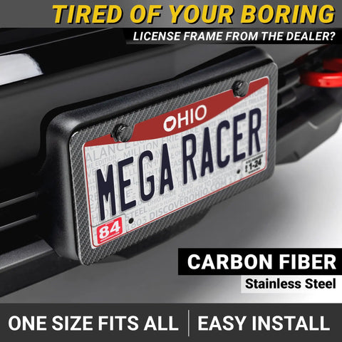 Fresh Black Carbon Fiber License Plate Frames Two Pack Slim Heavy Duty Auto Accessories on black bumper with Ohio plate.