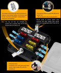 Pro Level 6 Way Fuse Block With Rugged Waterproof Build And Snappy Led Alerts Comes Stacked With Blades To Keep Your Rig Boats Or RV Circuits Humming Smooth, showing labeled terminals and protective cover.