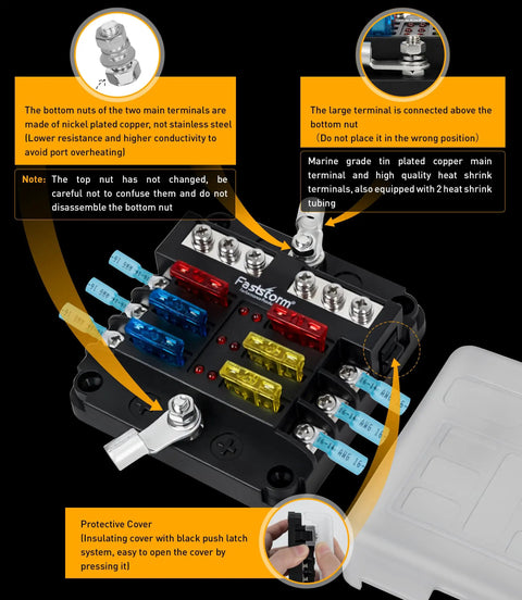 Pro Level 6 Way Fuse Block With Rugged Waterproof Build And Snappy Led Alerts Comes Stacked With Blades To Keep Your Rig Boats Or RV Circuits Humming Smooth, showing labeled terminals and protective cover.