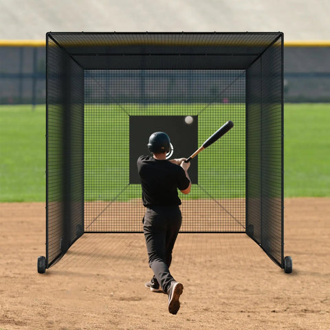 Mobile 24Ft Baseball Batting Cage With Wheels Portable Heavy Duty Hitting Cage in use on baseball field