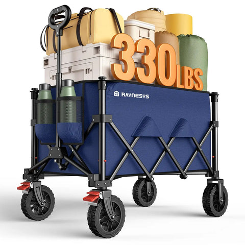 Foldable Utility Cart With 180L Capacity And 330lbs Beefed Up Weight Capacity Durable Beach Camping Shopping Cart With Drink Holders And Brakes Collapsible Steel Frame Ready For Any Adventure loaded with camping gear