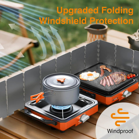 Kickass Two Burner Propane Camping Stove With Windproof Shield Portable Folding Gas Burner Road Trip Ready with cooking pan and food.