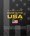 Proudly made in the USA text over a gray American flag background, with emphasis on local manufacturing for storage bins.