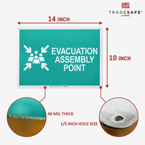 No Nonsense Heavy Duty Reflective Emergency Assembly Point Sign in 14x10 inch aluminum with 40 mil thickness and mounting holes.