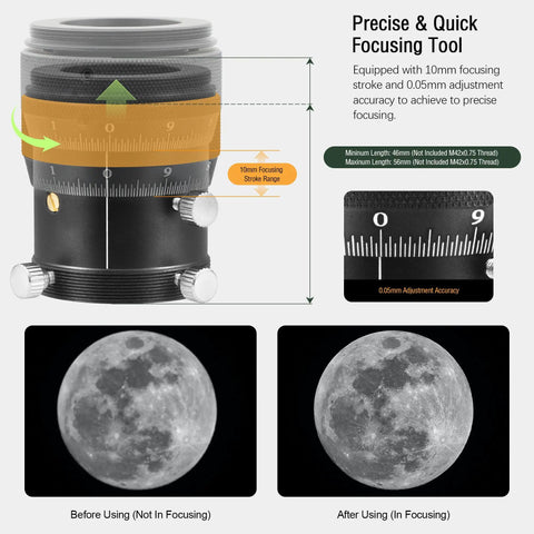 Annotated diagram of Double Helical Focuser For Telescopes 0.05mm Scale And 10mm Stroke 1.25 Inch Guide Scope Focuser with moon images