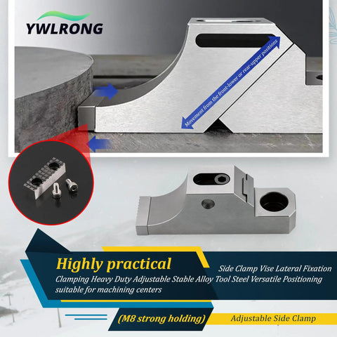 Heavy Duty M8 Side Clamp For Milling Machine CNC Workholding Fixture shown from side, securing a workpiece with a durable steel design.