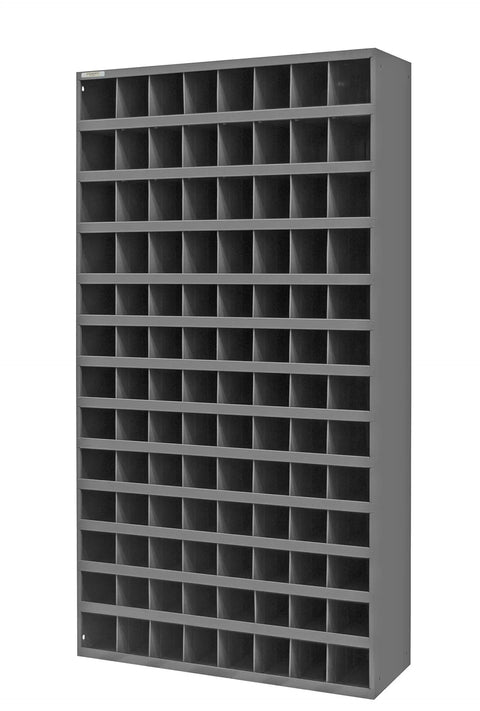 Built Tough Cold Rolled Steel Parts Bin Cabinet Featuring Slick Tilting Shelves And 104 Quick Grab Slots For Garage Organization Shop Essentials Gray Powder Coated Finish Ships Assembled with multiple compartments.