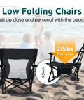 Two Pack Foldable Beach Chairs Set For Outdoors with cup holders shown on beach with max load 275lbs and 9.5-inch seat height.