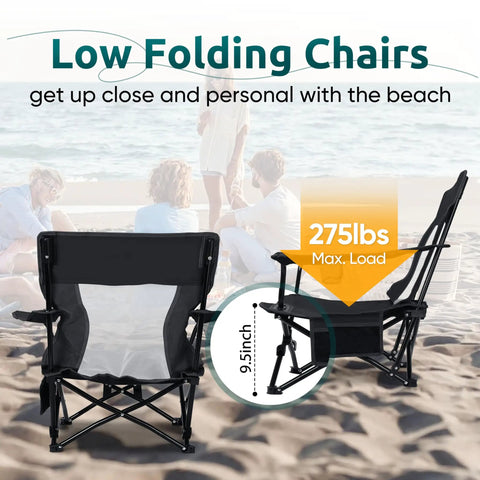 Two Pack Foldable Beach Chairs Set For Outdoors with cup holders shown on beach with max load 275lbs and 9.5-inch seat height.