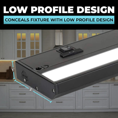 Under Cabinet Lighting 24 Inch Black Finish with 3 CCT 2700K 3000K 4000K Dimmable and Linkable showcased in a kitchen setting.