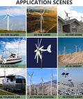 Powerful 14000W Wind Turbine Kit With 8 Blades, MPPT Controller, And 12V/24V/48V Setups in various application scenes.
