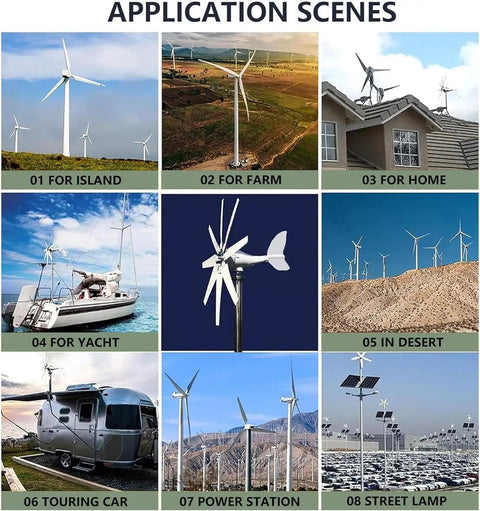 Powerful 14000W Wind Turbine Kit With 8 Blades, MPPT Controller, And 12V/24V/48V Setups in various application scenes.