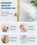 Handheld spray for everyday use from Heavy Duty Brushed Gold Shower Faucet Set Featuring Eight Inch Overhead Rainfall Head With Strong Pressurized Flow.