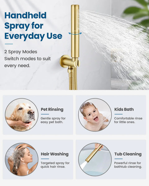 Handheld spray for everyday use from Heavy Duty Brushed Gold Shower Faucet Set Featuring Eight Inch Overhead Rainfall Head With Strong Pressurized Flow.