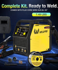 140A 5-In-1 Flux Core MIG Welder with accessories, showing dual voltage capability and large LED display