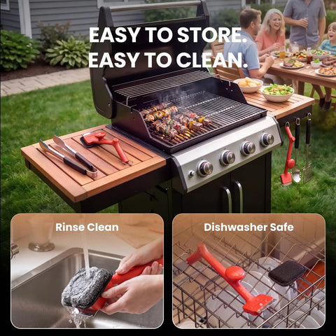 Bristle Free BBQ Grill Brush With 17 Inch Cool Touch Handle Steam Cleaner on gas grill, rinse clean, dishwasher safe features