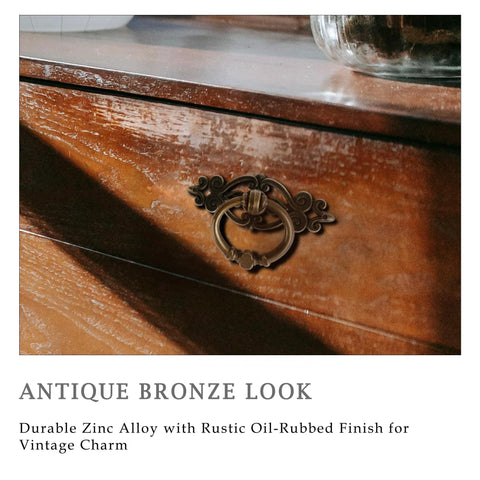 Antique Bronze Ring Pull Handles Set Of 8 With Ornate Backplates For Furniture Restoration on a wooden drawer