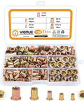 Rivet Nuts Set For DIYers 150 Pcs Carbon Steel With Yellow Zinc Finish Flat Head UNC SAE Sizes in clear box with 8-32, 10-24, 1/4-20, 5/16-18, 3/8-16 rivet nuts