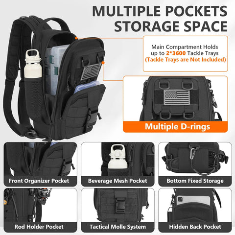 Dope Fishing Sling Backpack With Rod Holder And Gear Organizer, showcasing multiple pockets and D-rings for outdoor gear storage.