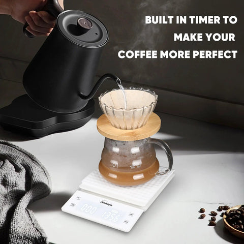 Spot On Accuracy Digital Kitchen Scale for Food and Coffee with precise pour-over setup, white scale showing timer, brewing accessories visible