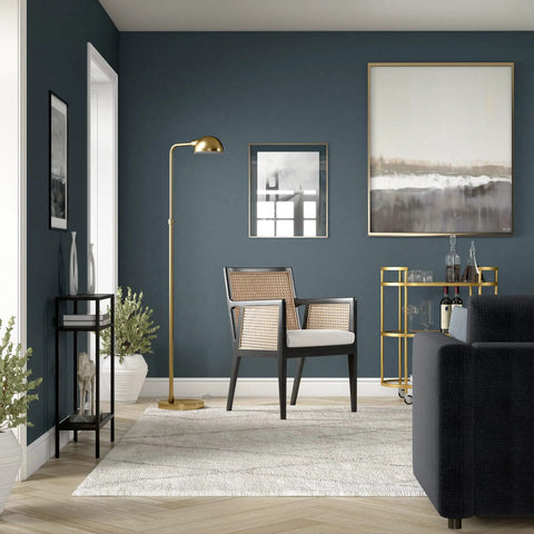 66 Inch Integrated LED Floor Lamp With Metal Shade In Brushed Brass, Slick Modern Task Light in living room with dark walls