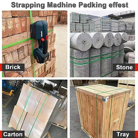 Heavy Duty Electric Strapping Tool For 13Mm To 16Mm Pp Pet Straps With Hella Long Lasting Rechargeable Battery Hot Melt Sealer for packaging bricks, stones, and cartons.