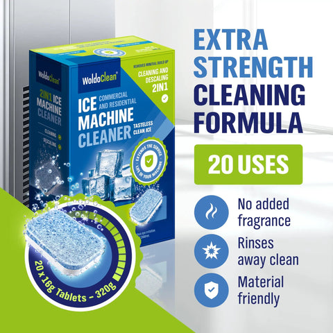 Ice Machine Cleaner Tablets 20 Count 2in1 Descaler And Cleaner Pro Grade Extra Strength 16g Dual Action For Countertop Nugget Portable And Commercial Ice Makers Nickel Safe box and tablet