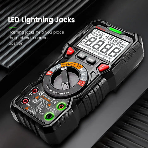 Digital Multimeter TRMS 6000 Counts Auto Ranging Voltmeter with LED lighting jacks, large display, knobs and buttons