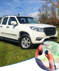 Dual Band Vehicle Ham Radio Antenna With NMO Mount Magnetic Base And Low Profile For Car Truck Or Boat 136 To 174MHz VHF And 400 To 470MHz UHF PL259 Connector Built For Amateur Rigs installed on white truck with signal waves shown.
