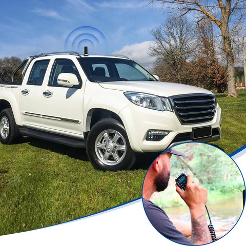 Dual Band Vehicle Ham Radio Antenna With NMO Mount Magnetic Base And Low Profile For Car Truck Or Boat 136 To 174MHz VHF And 400 To 470MHz UHF PL259 Connector Built For Amateur Rigs installed on white truck with signal waves shown.