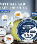 Top Shelf Furniture Restore Paste And Leather Conditioner Plus Wood Polish Cleaner With Brush For Deep Hydration Scratch Repair And Dope Finish That Keeps Your Stuff Looking Fresh, shows ingredients like beeswax and carnauba wax.
