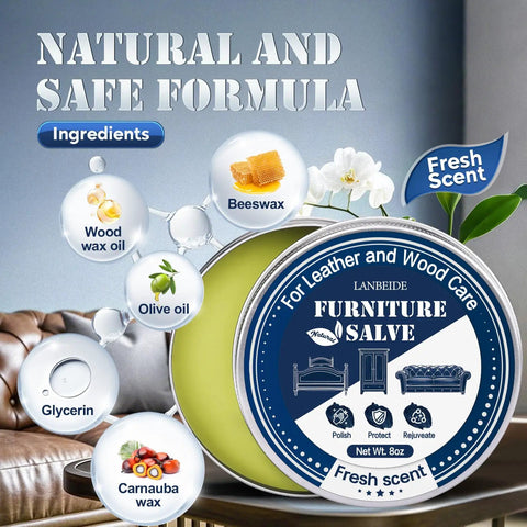 Top Shelf Furniture Restore Paste And Leather Conditioner Plus Wood Polish Cleaner With Brush For Deep Hydration Scratch Repair And Dope Finish That Keeps Your Stuff Looking Fresh, shows ingredients like beeswax and carnauba wax.