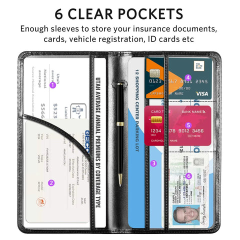 Car Registration And Insurance Holder With Magnetic Closure Slim PU Leather Vehicle Glove Box Organizer open with cards and IDs displayed