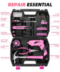 Open case showing Pink 116 Piece Tool Kit With 3.6V USB Cordless Screwdriver For Women And Girls, hammer, pliers, accessories.