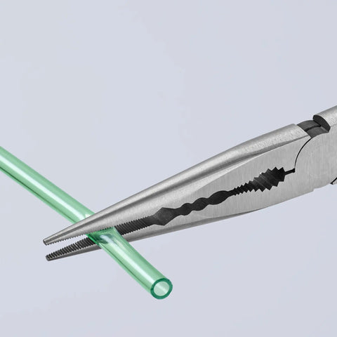 11 Inch Extra Long Needle Nose Pliers Straight Jaw With Slim Half Round Tips gripping a green tube